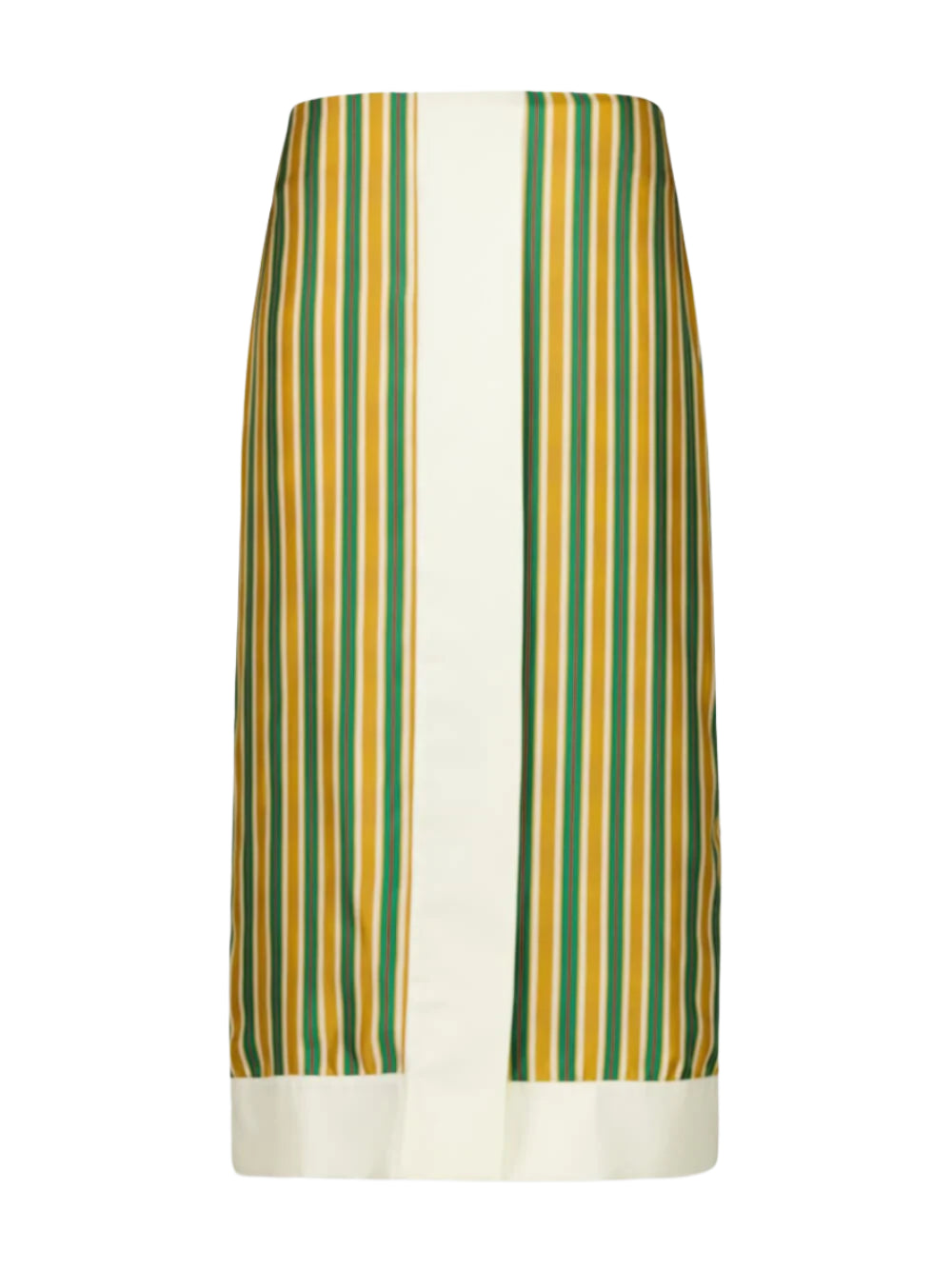 Striped silk twill skirt with vertical multicolor bands and white hem