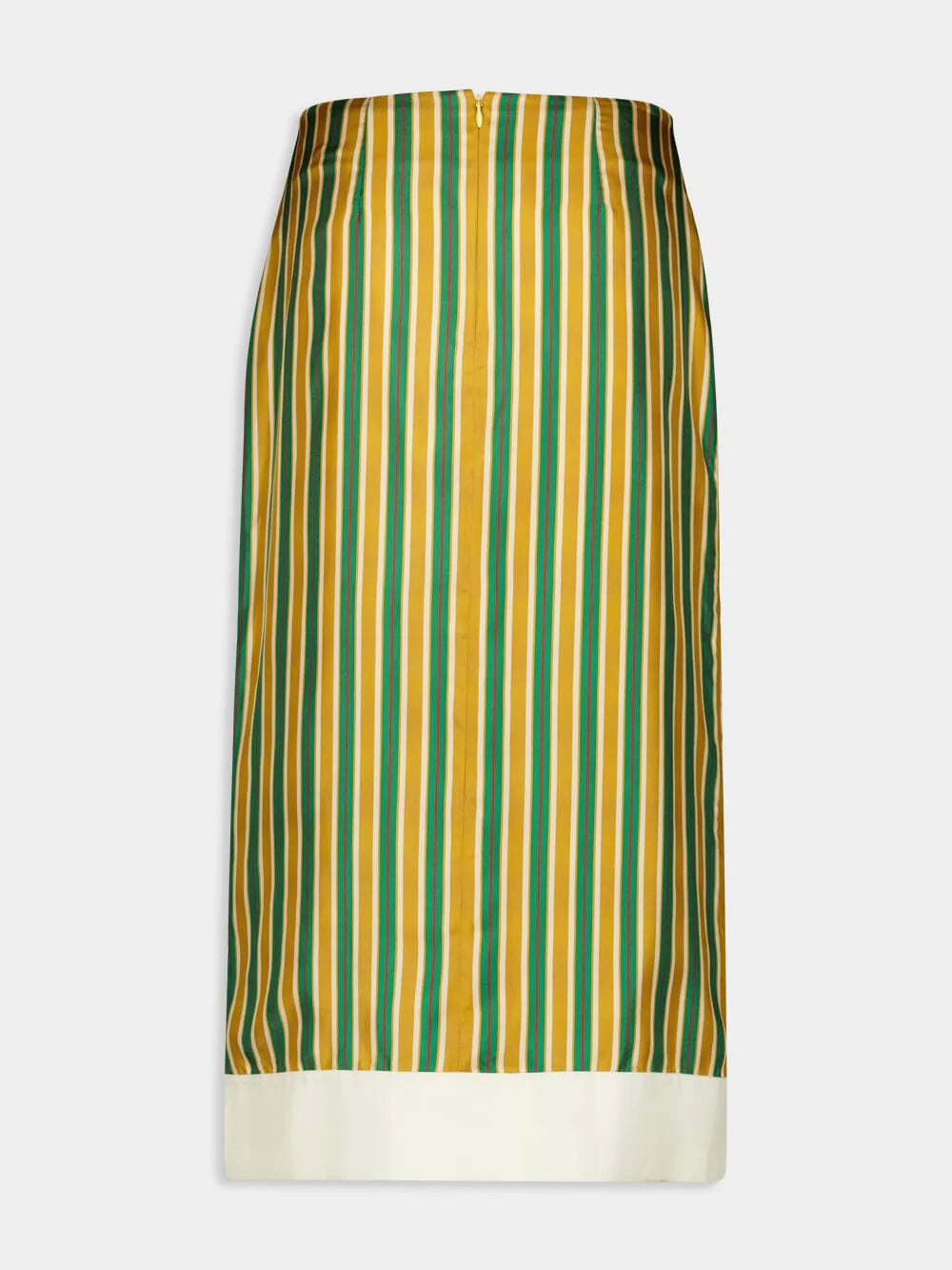 Striped silk twill skirt with vertical gold, green, and white stripes