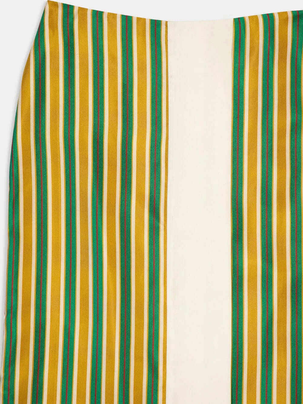 Silk twill skirt fabric close-up with vertical multicolor stripes and center white panel