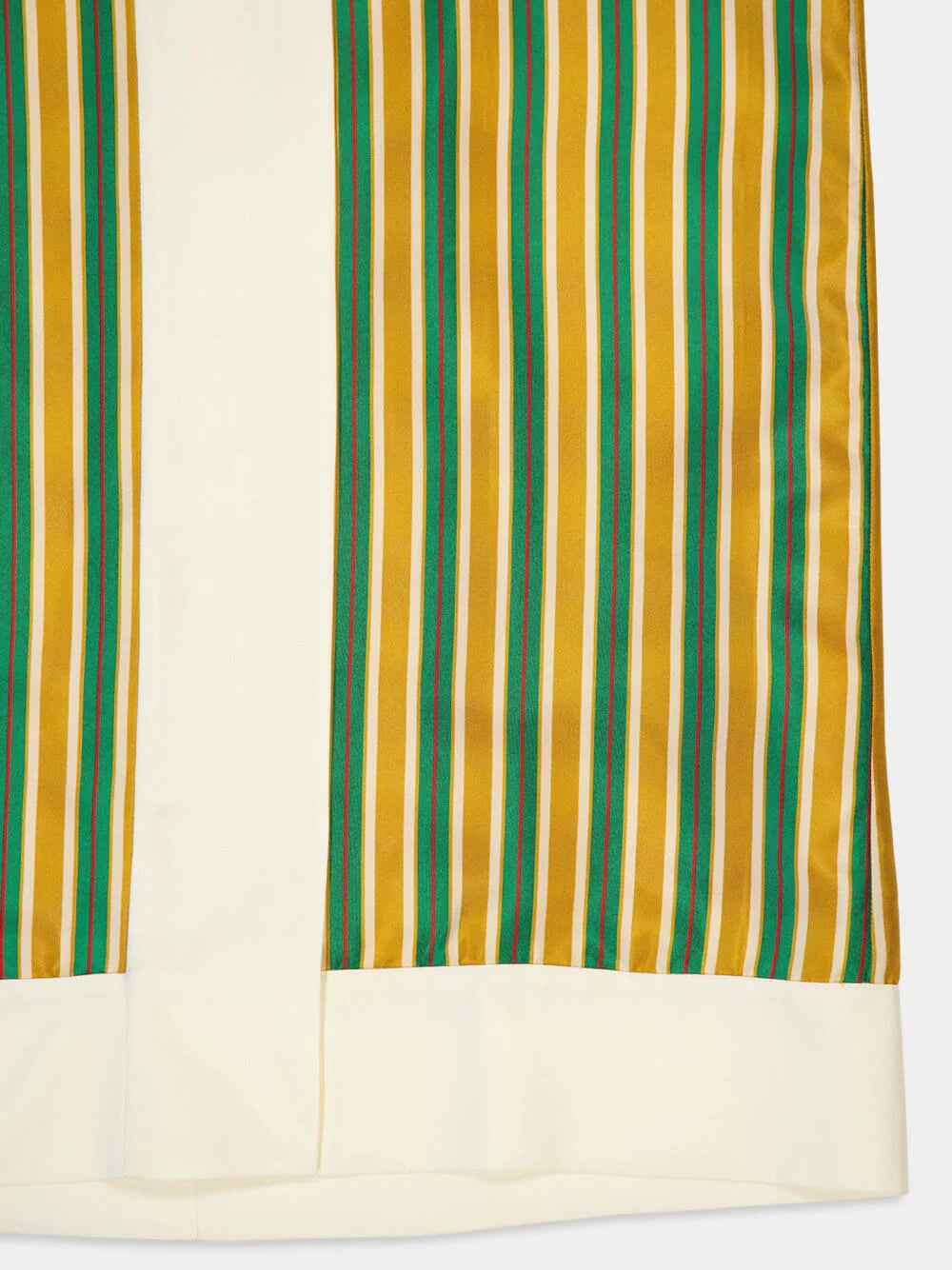 Silk twill skirt hem detail with vertical multicolor stripes and white border