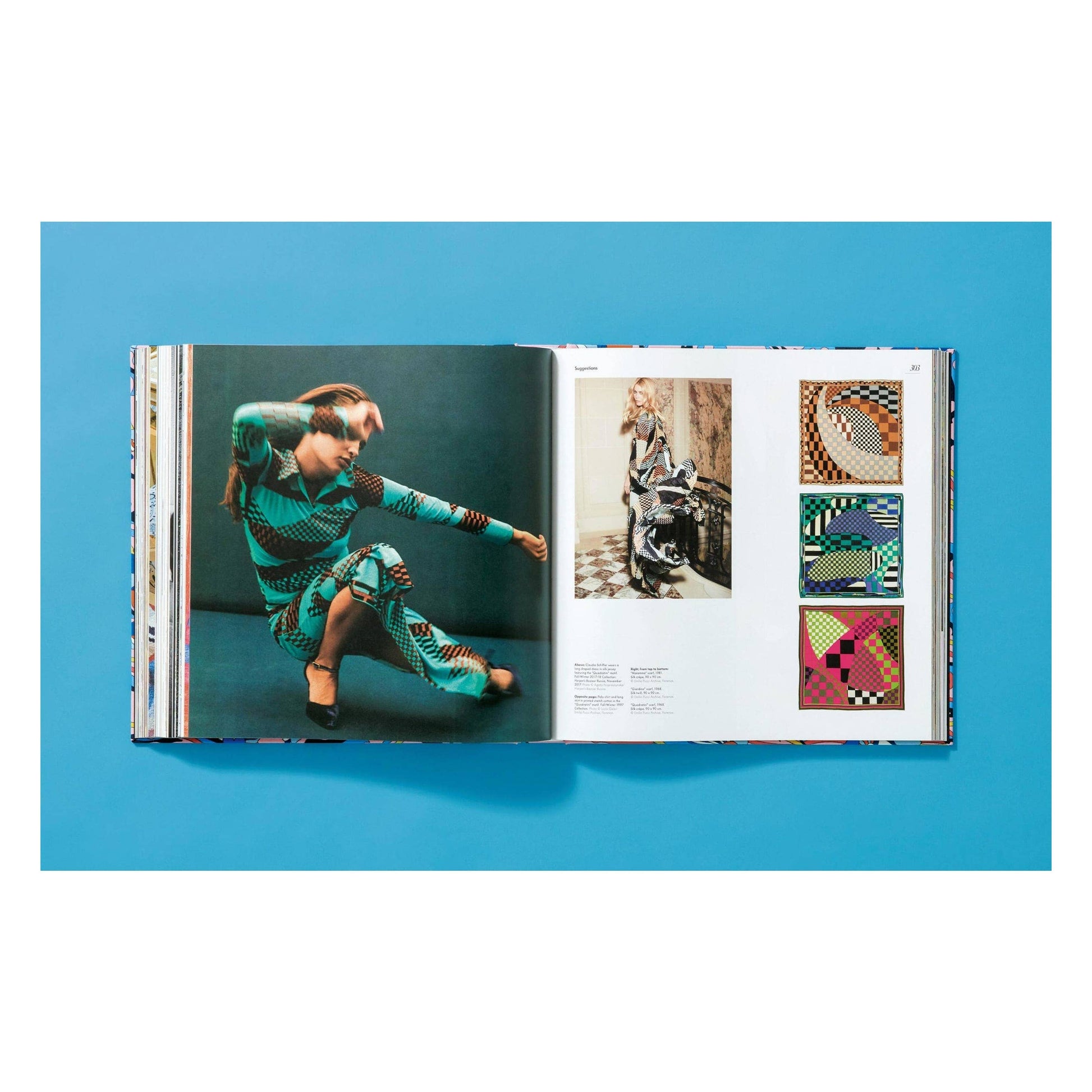 Pucci updated edition book, open spread with model photo and framed graphic patterns