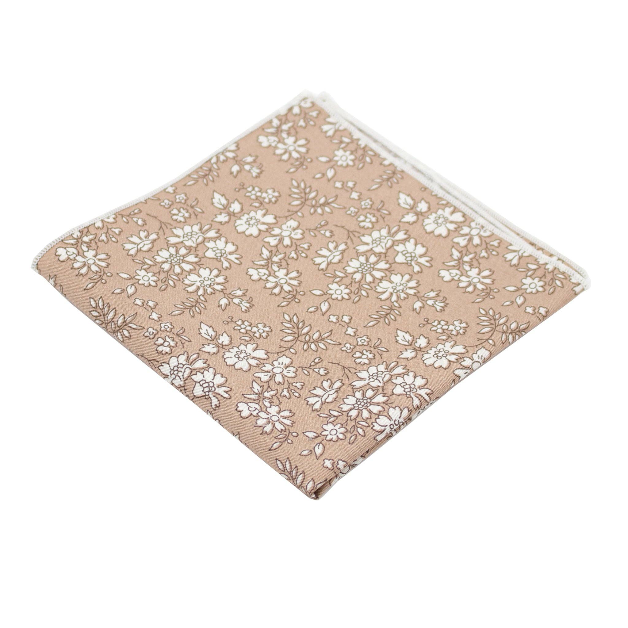 Beige pocket square with white floral pattern and stitched border