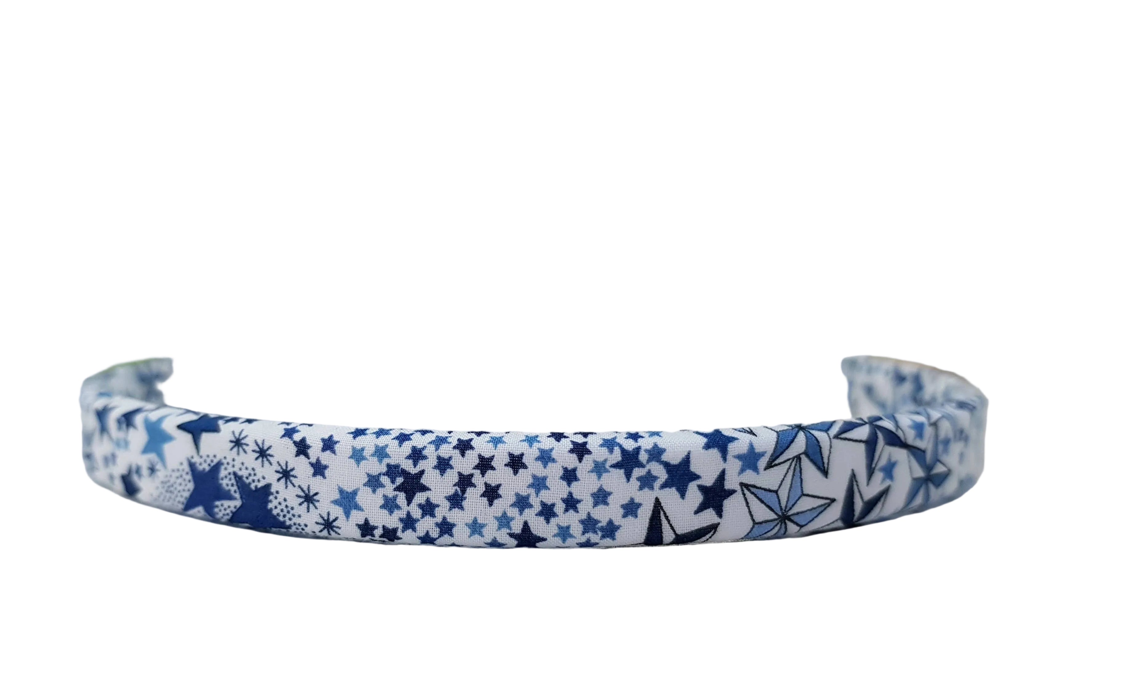 Star and snowflake fabric headband, blue with navy and white accents
