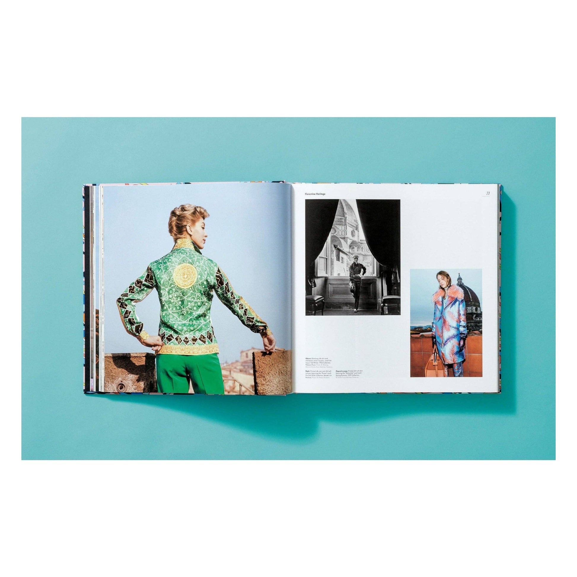 Pucci fashion book open to pages with model in green patterned outfit and photos.
