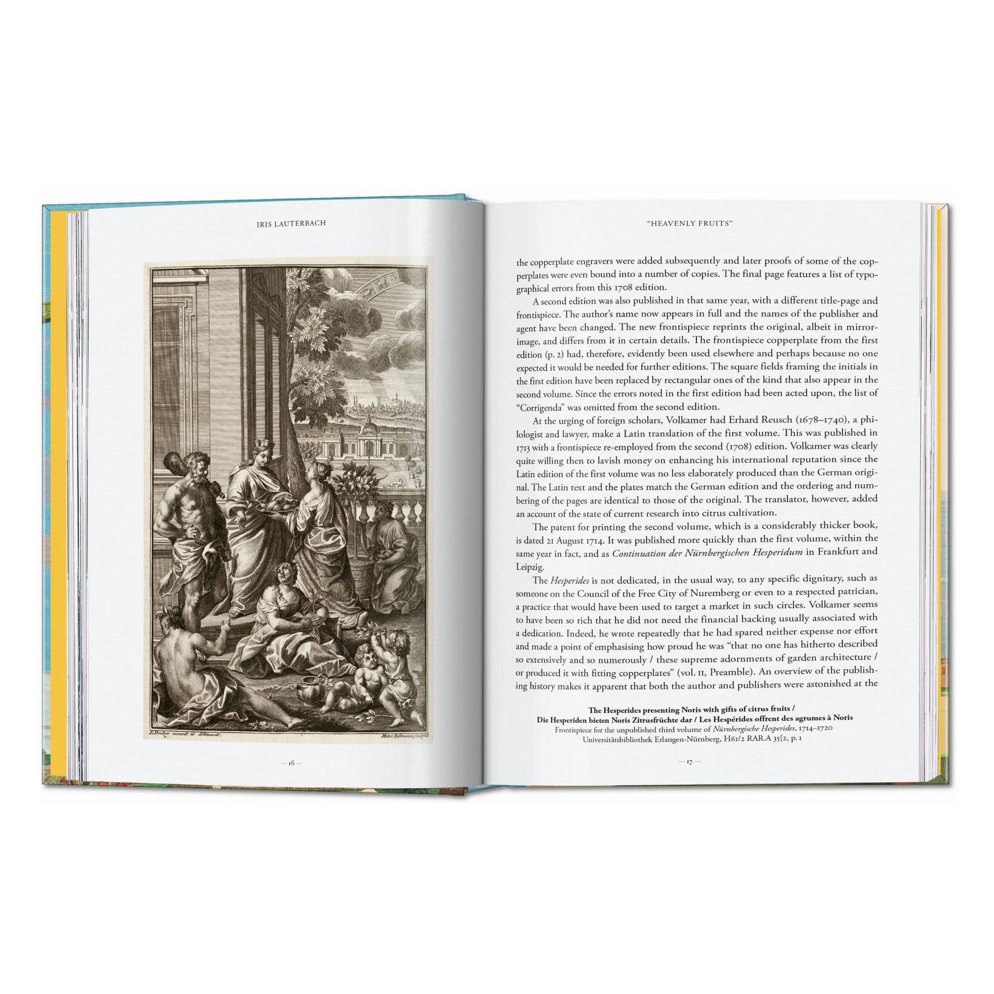 Open book pages with black-and-white engraving and body text