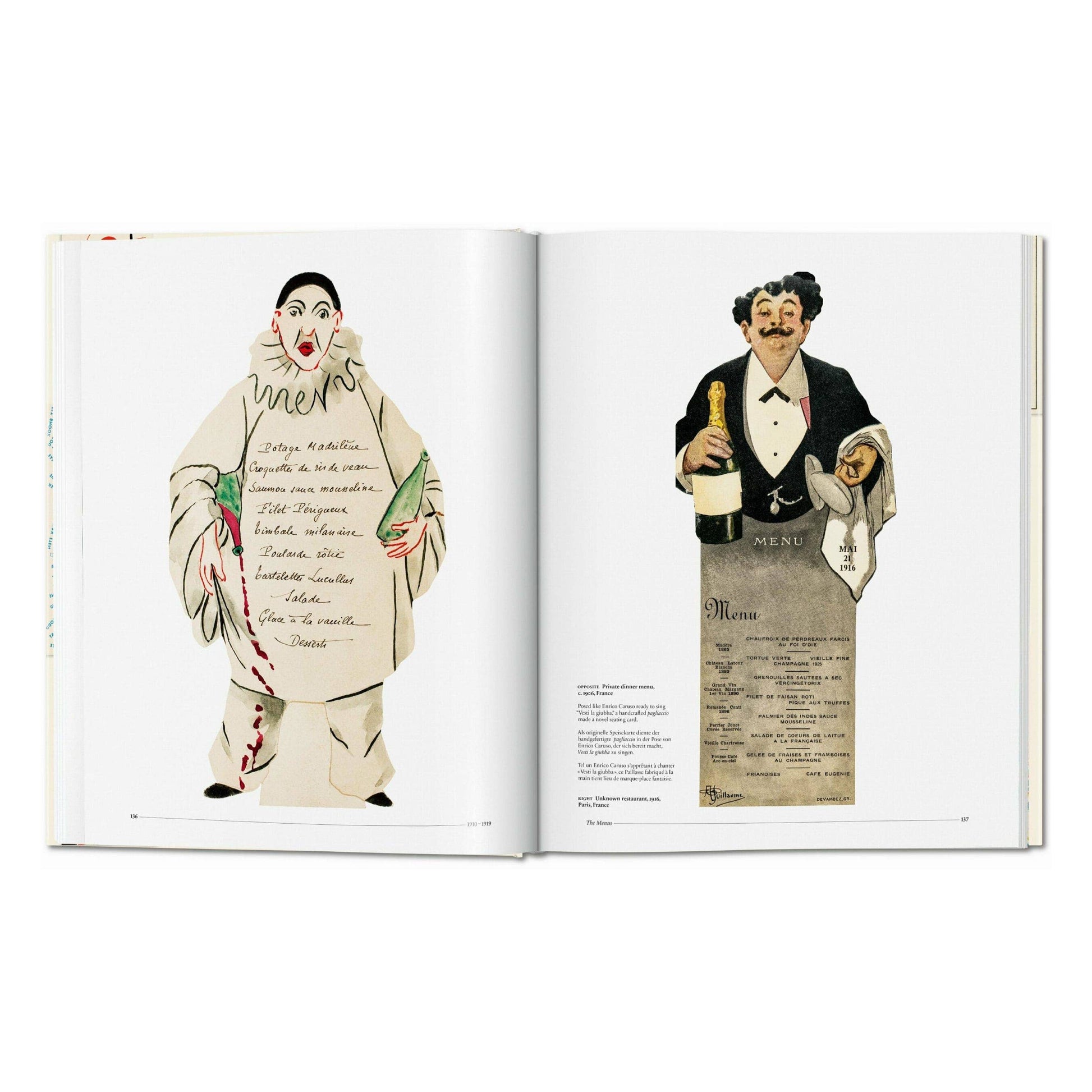 Open menu design book spread with illustrated chef and waiter holding menu card art