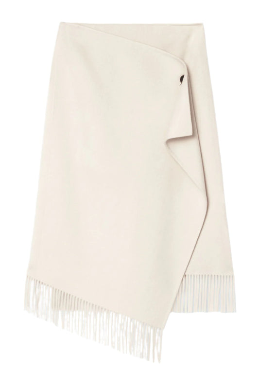 Fringed Wool Midi Wrap Skirt