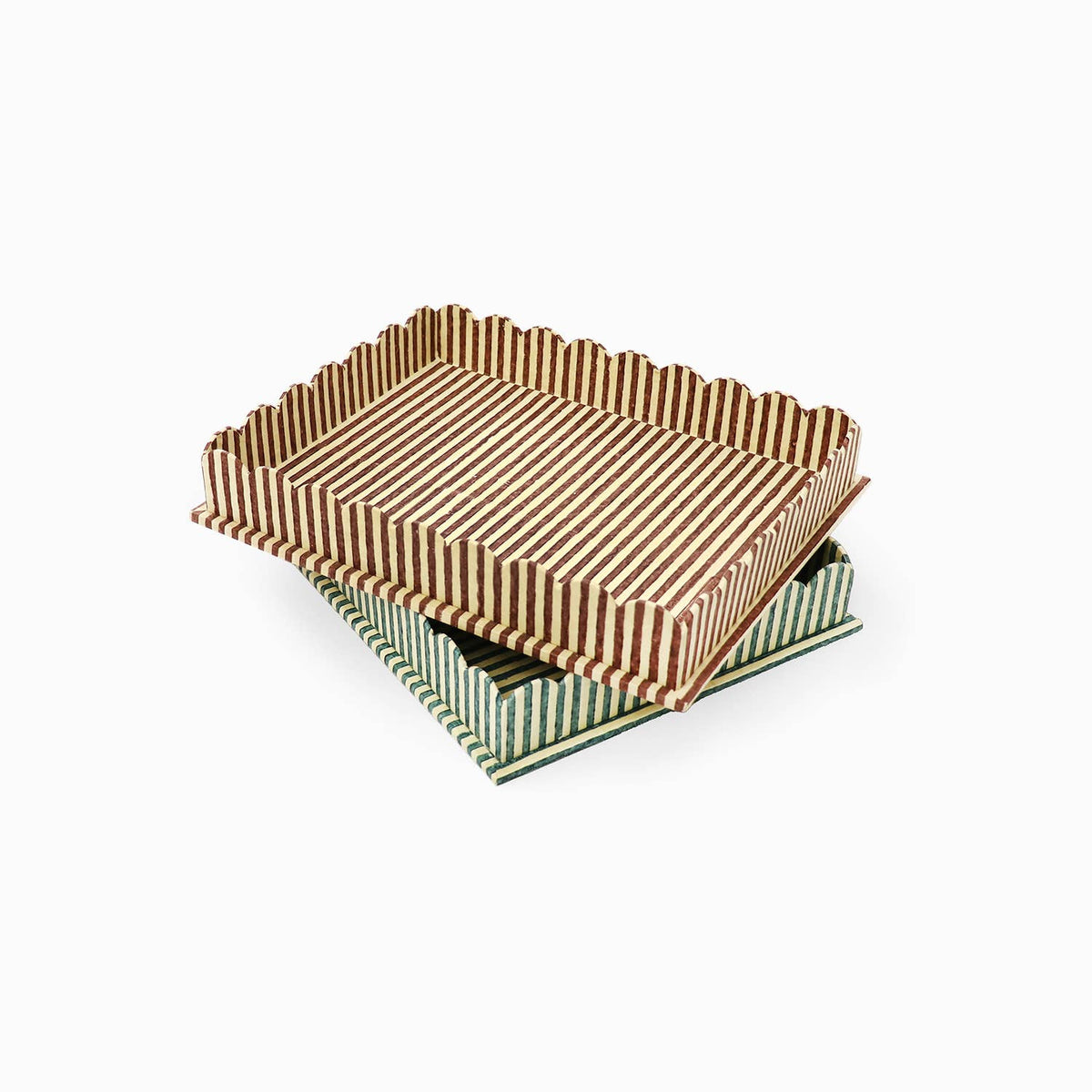 Large scalloped serving tray with striped brown, cream, and green fabric pattern.