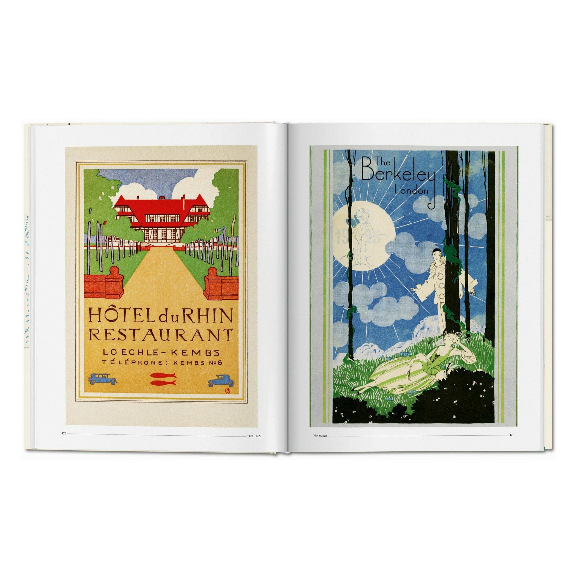 Open menu design book spread with two illustrated hotel posters and menu typography