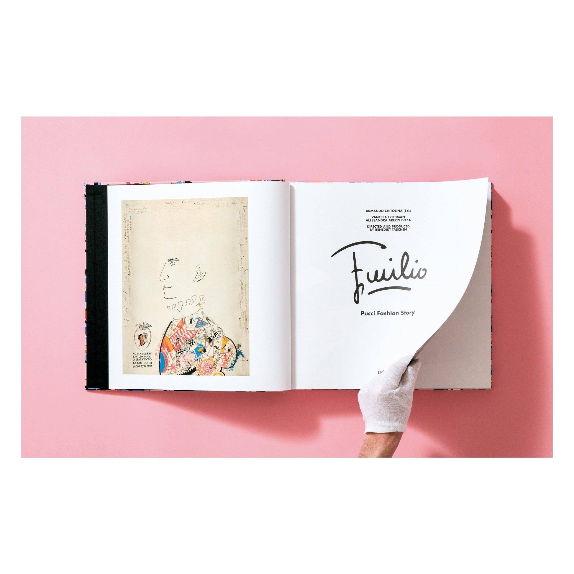 Pucci fashion book open to interior pages with illustrated artwork and script title.
