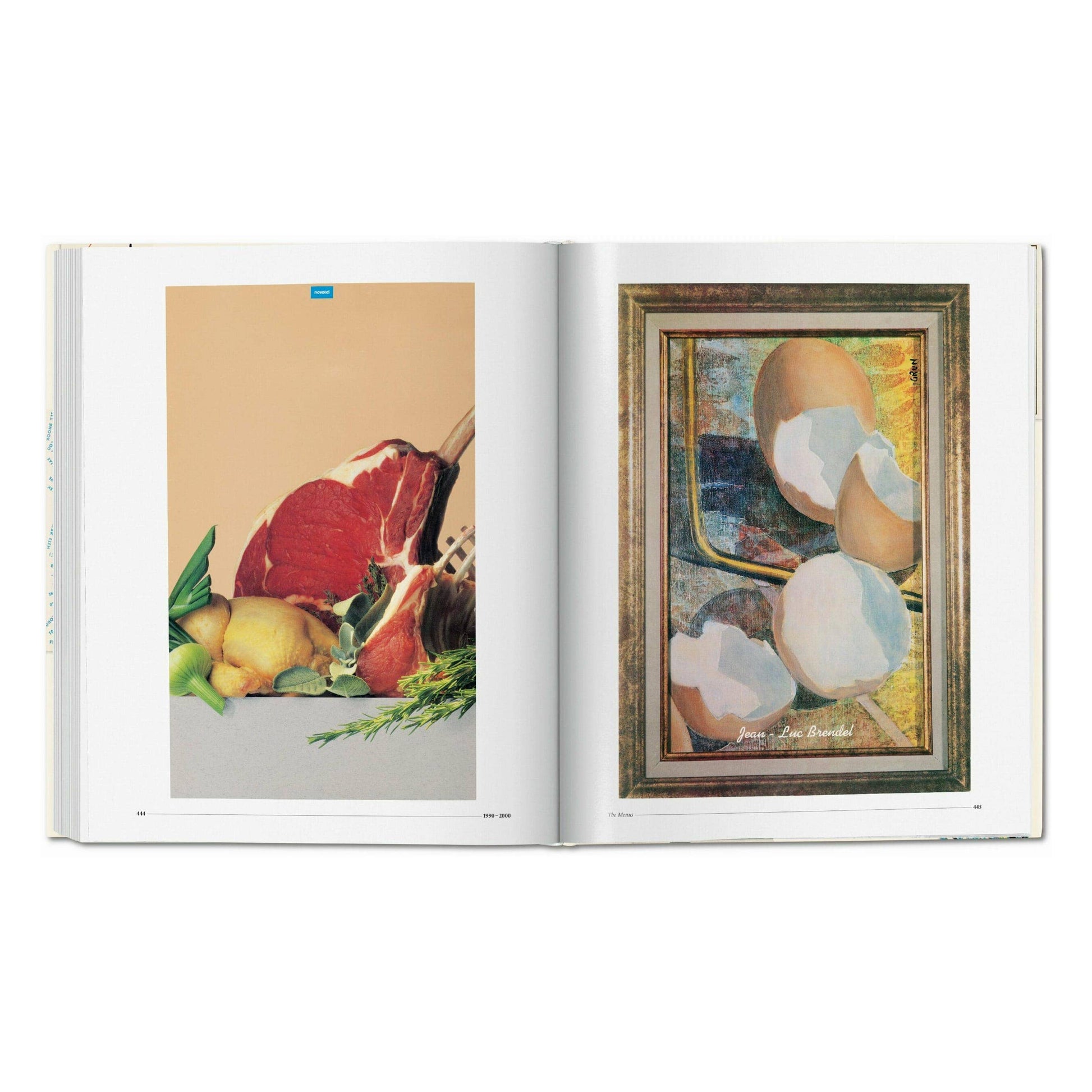 Open art book spread with food artwork on the left and a framed painting on right