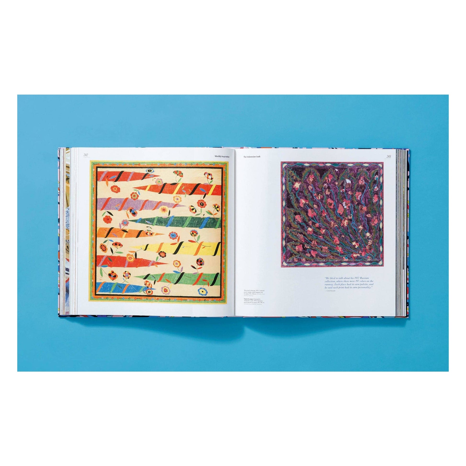 Pucci updated edition book, open spread with patterned artwork and dark blue abstract square