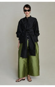 Chan Luu black taffeta button-up shirt with a stand collar, long sleeves, and a tied waist belt