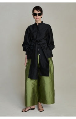 Chan Luu black taffeta button-up shirt with a stand collar, long sleeves, and a tied waist belt