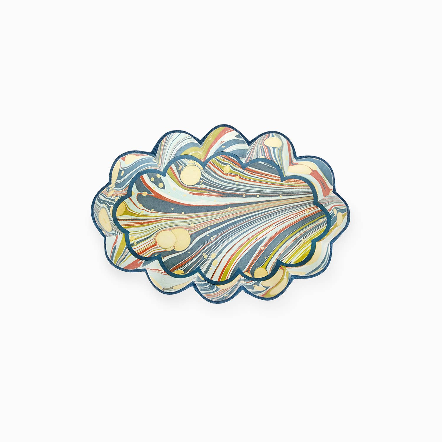 Scalloped desk tray with abstract marbled pattern in blue, cream, red, and yellow