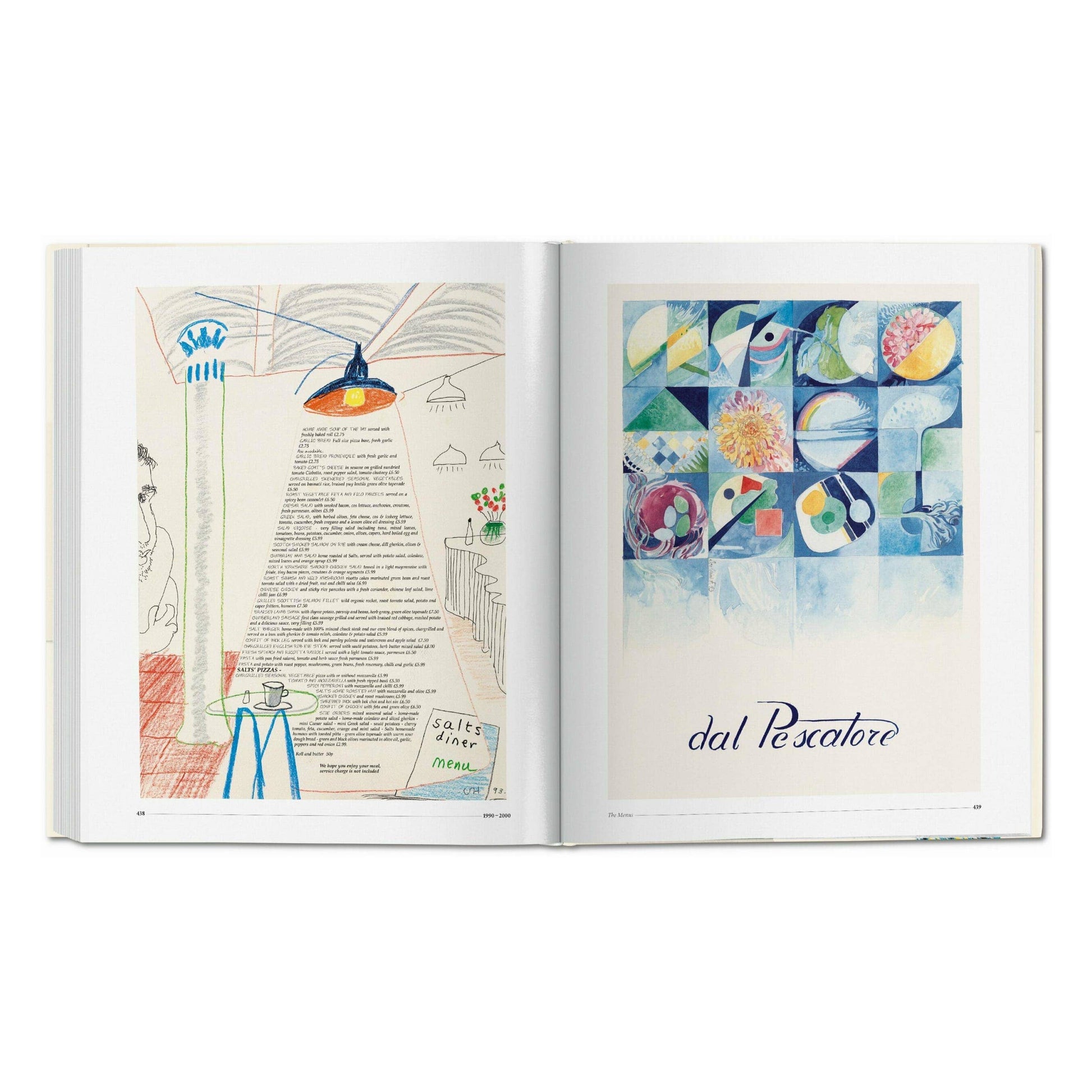 Open art book spread with illustrated menu pages and a blue abstract poster