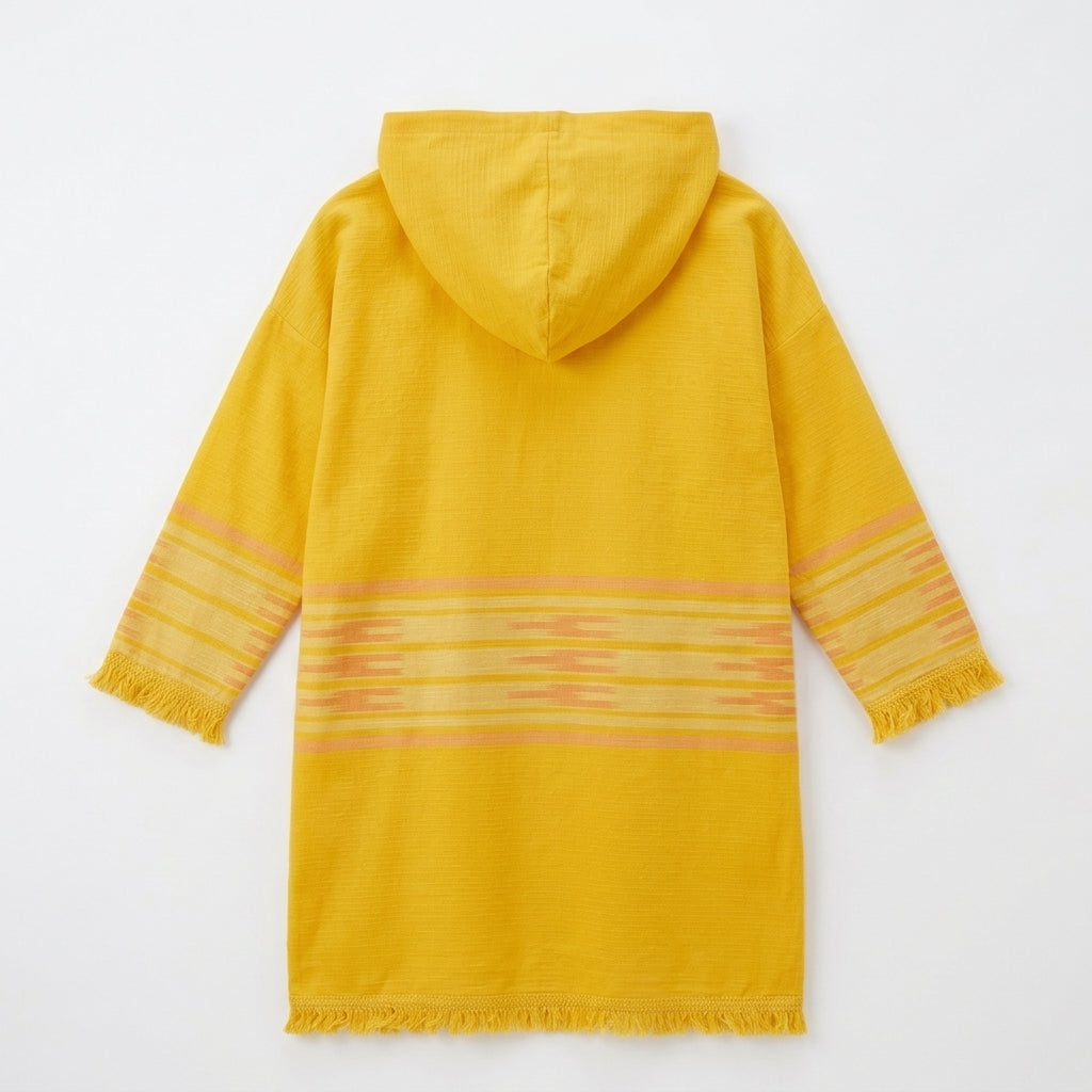 Yellow hooded mini dress with striped sleeve panels and fringed hem