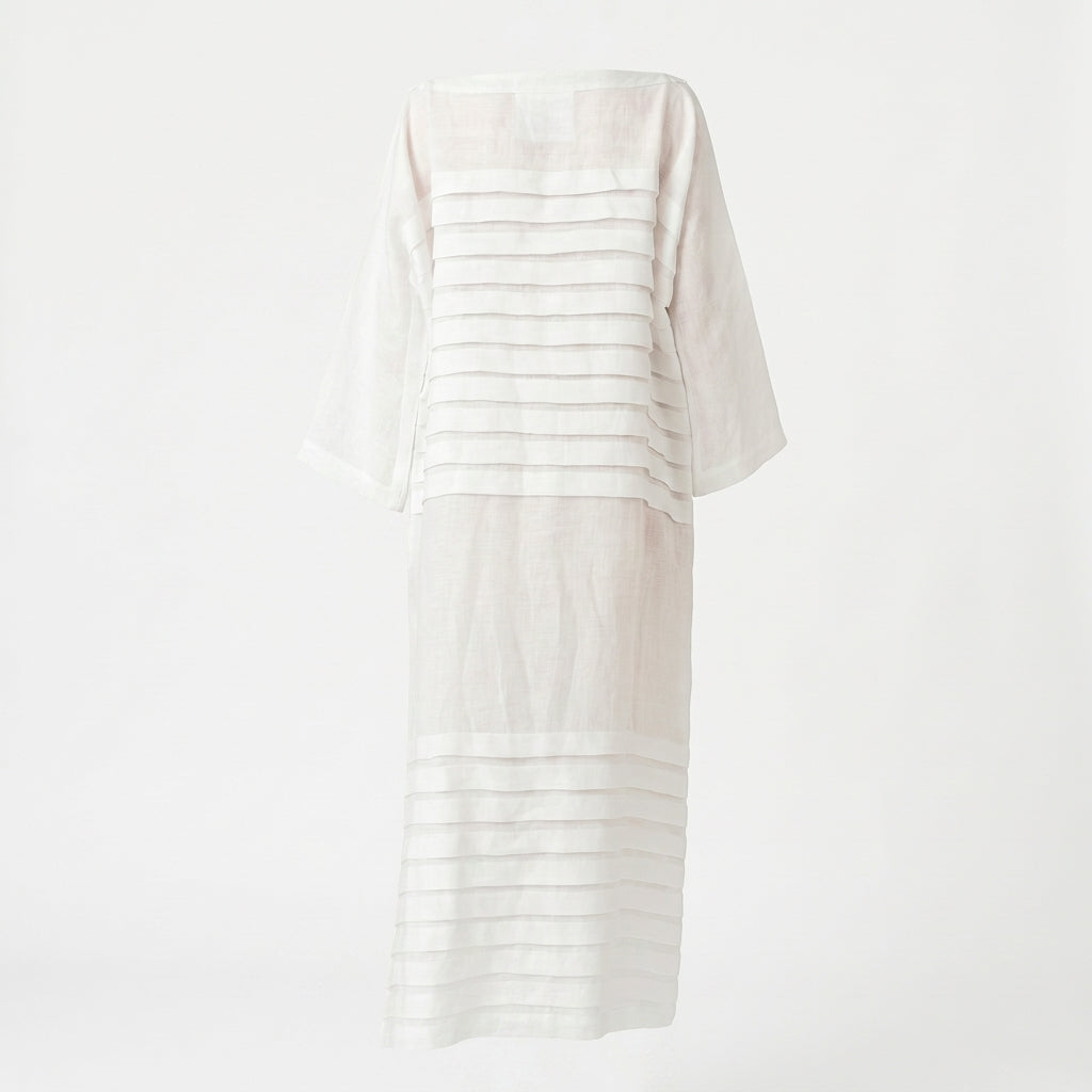 Light white maxi dress with horizontal stripe bands, three-quarter dolman sleeves (back)