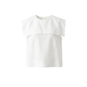 Puritan top in white, short sleeves with crew neck and layered front yoke