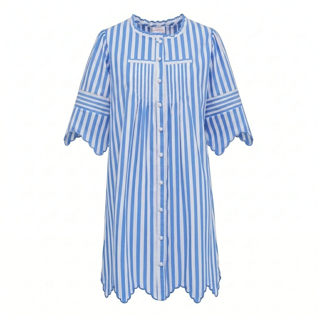 Blue and white striped button-front dress with scalloped cuffs and ruffled hem