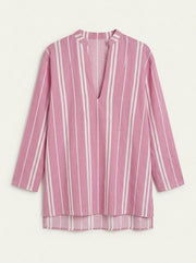 Pink striped tunic with V-neck back, 3/4 sleeves, split hem