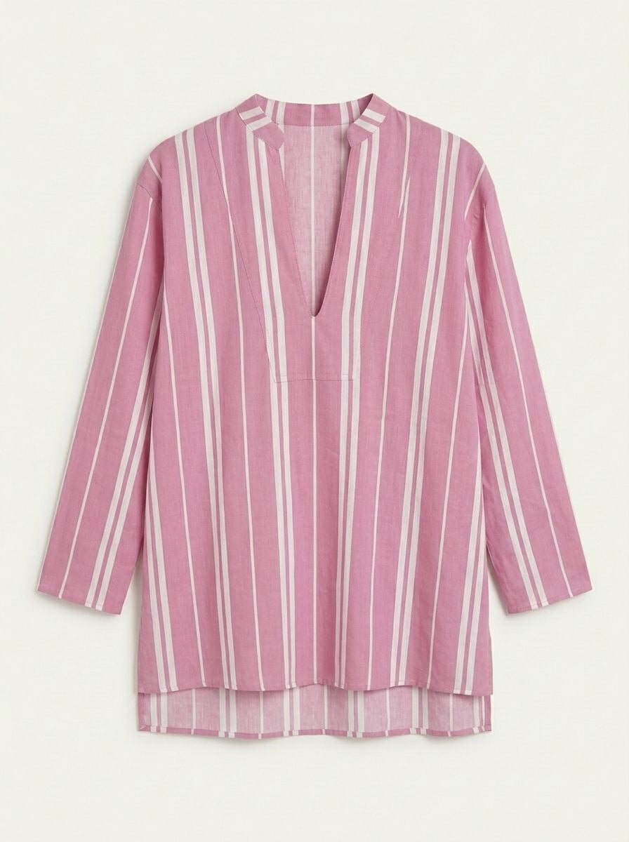 Pink striped tunic with V-neck back, 3/4 sleeves, split hem