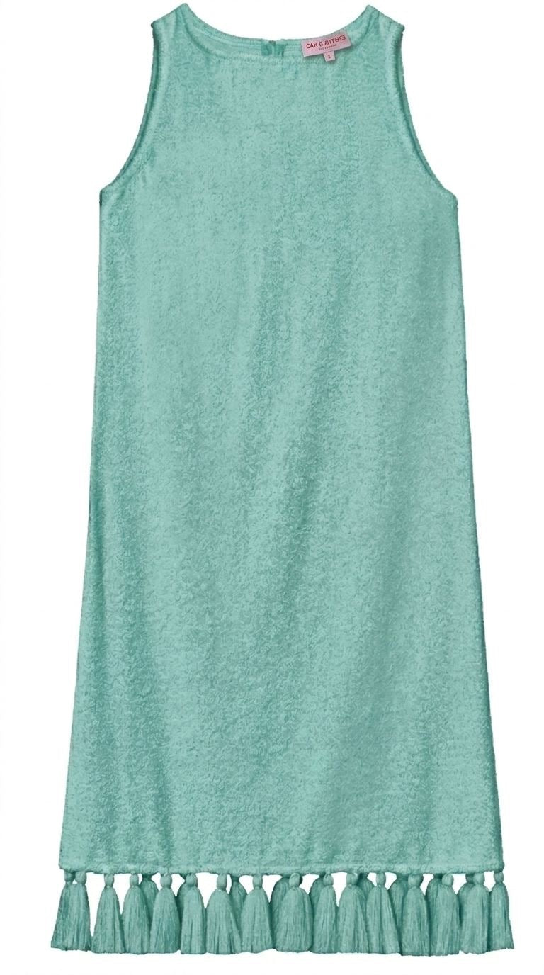 Teal sleeveless short dress with scoop neck and tasseled ruffle hem