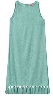 Teal long sleeveless dress with round neck and tassel fringe hem