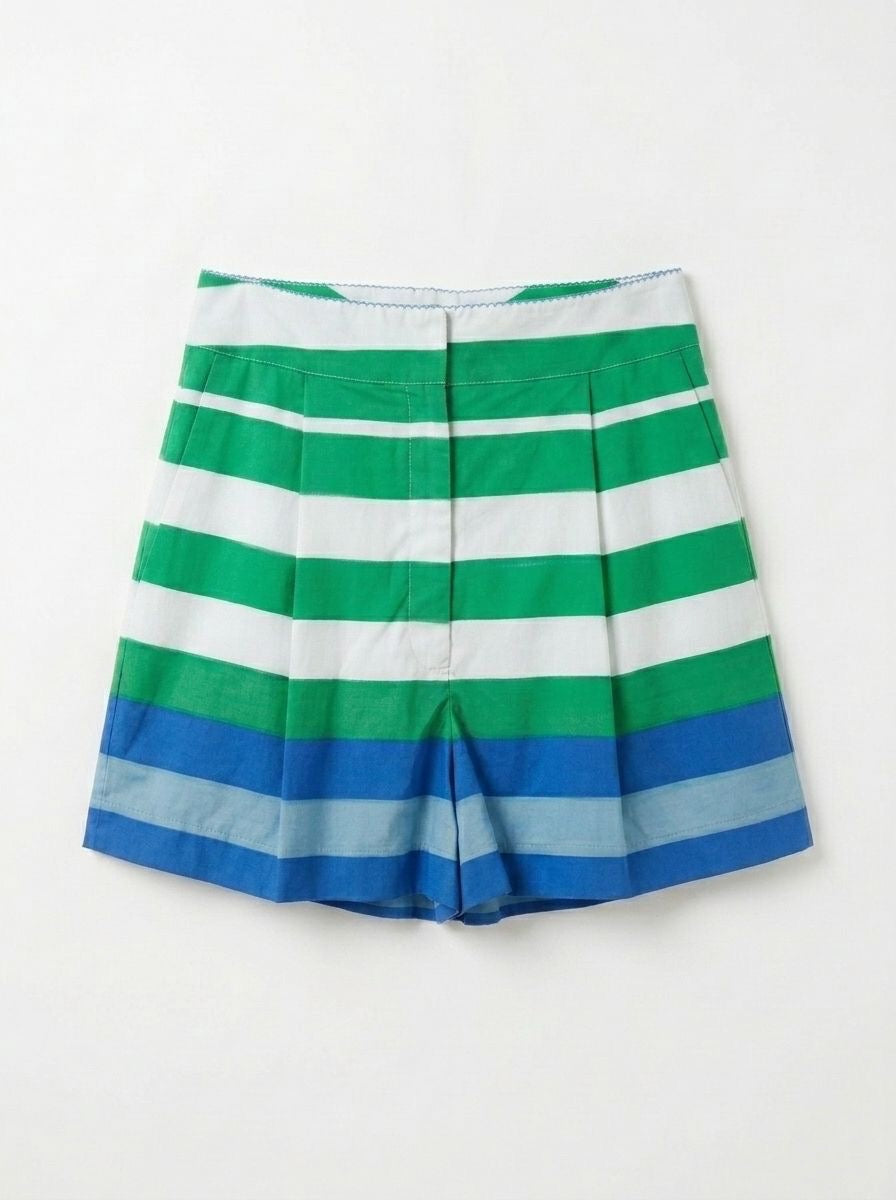 Tumbes shorts with green, white, and blue horizontal stripes; elastic waistband