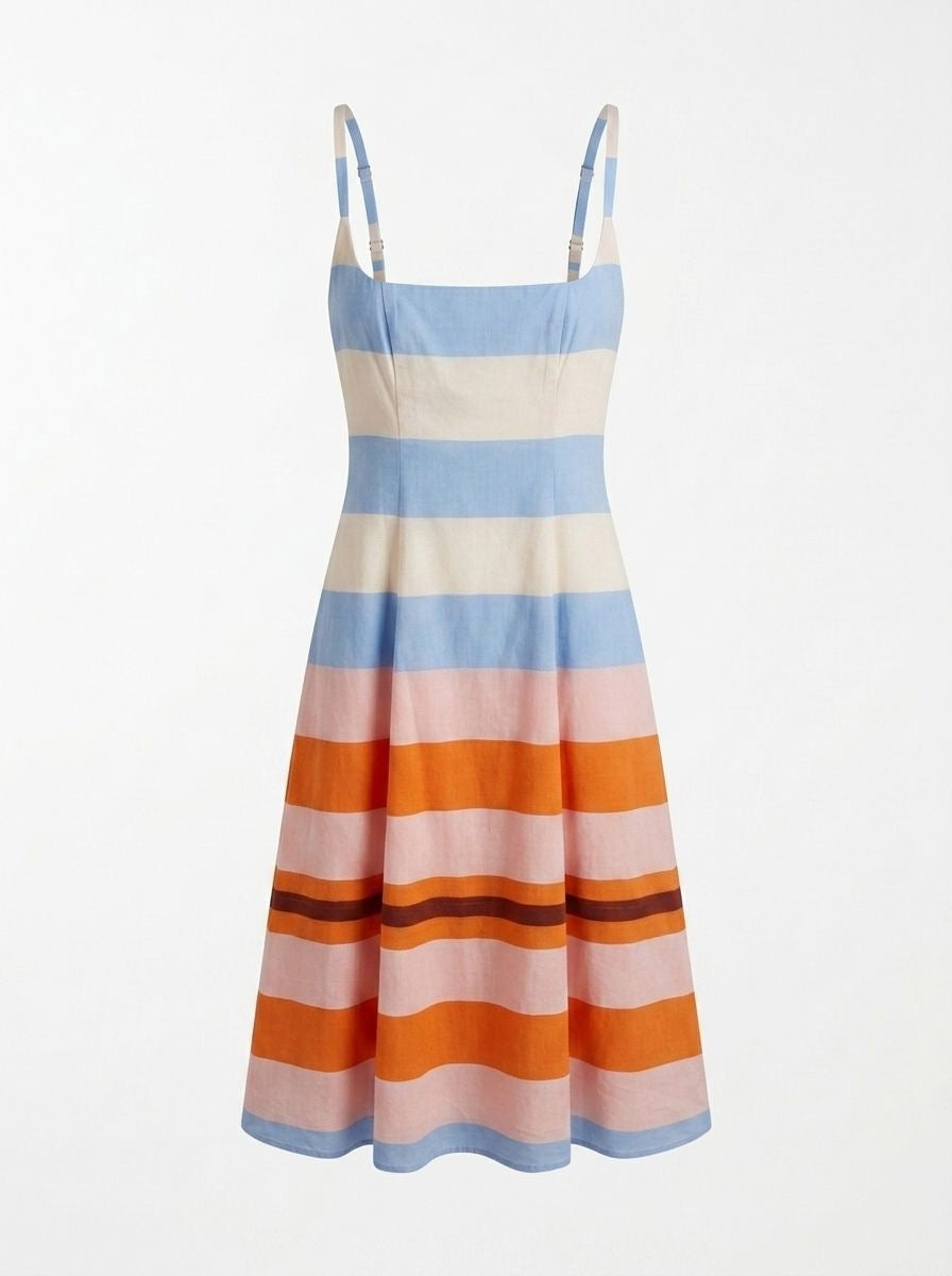 Striped midi dress with spaghetti straps in blue, white, orange stripes and flared skirt
