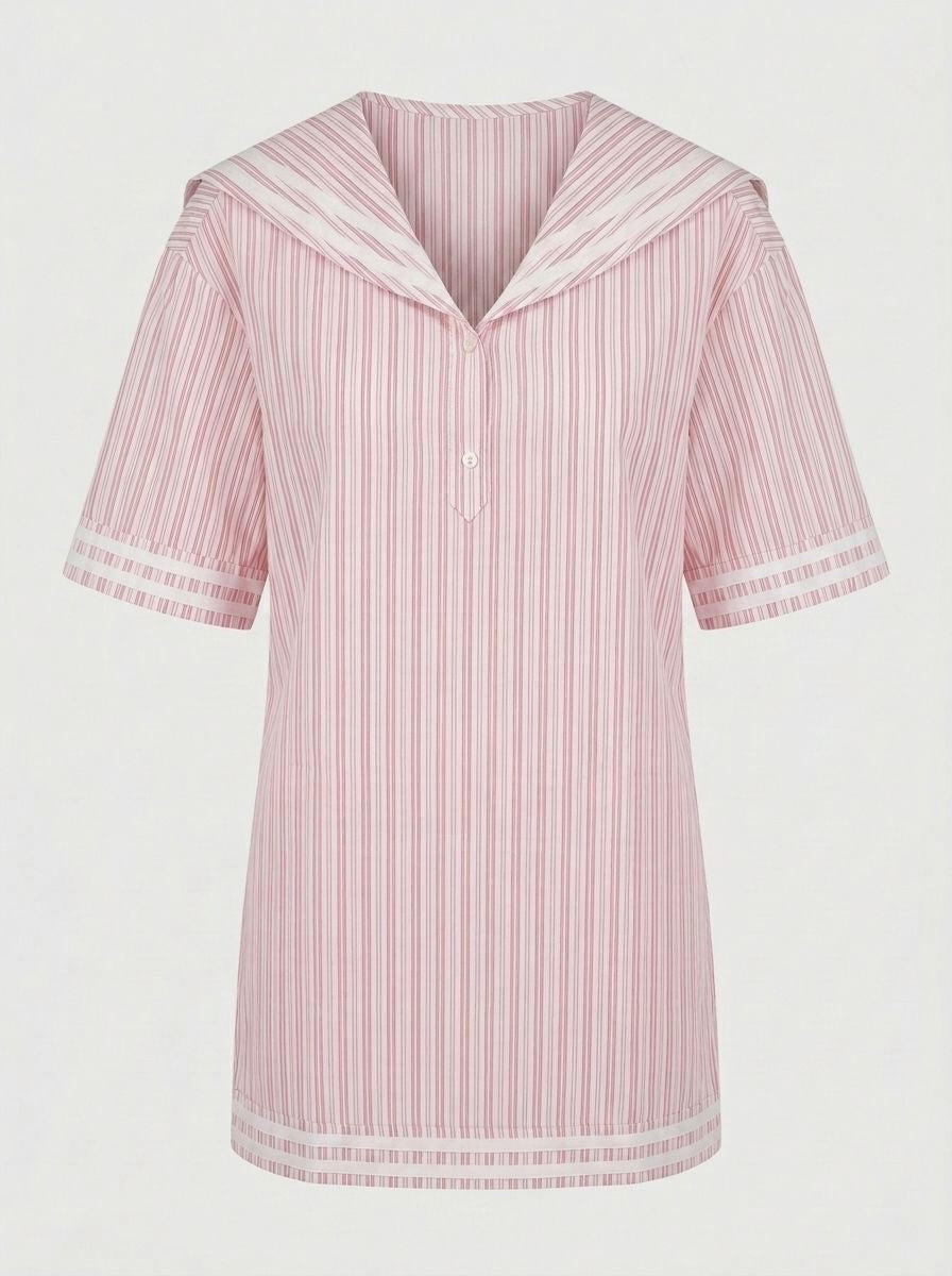 Bahia dress in pink-and-white vertical stripes, hooded V-neck, short sleeves