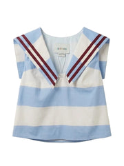 Sailor-style striped top with light blue and white stripes, red-trim V neckline
