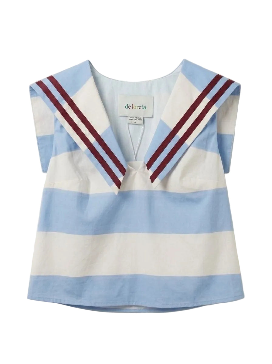 Sailor-style striped top with light blue and white stripes, red-trim V neckline