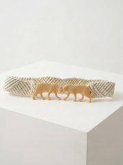 Juan de Dios panther belt with woven fabric strap and tan panther buckle