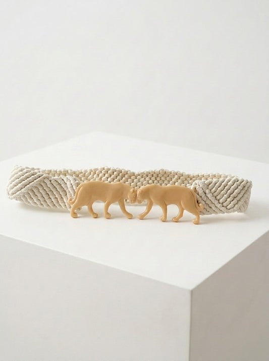 Panther belt with woven beige strap and tan panther buckle