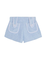 Blue towel shorts with two flap pockets and button detail