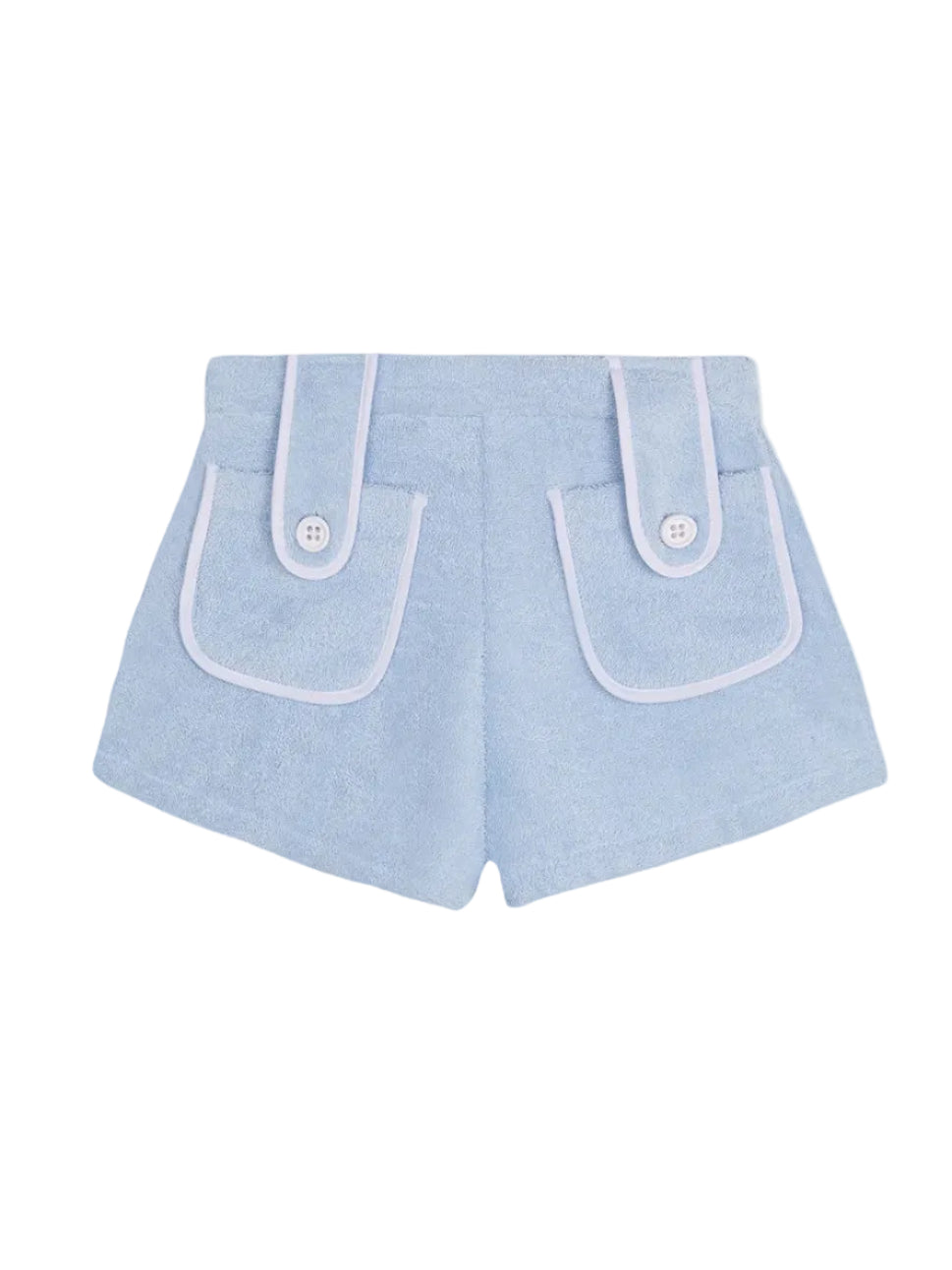 Blue towel shorts with two flap pockets and button detail