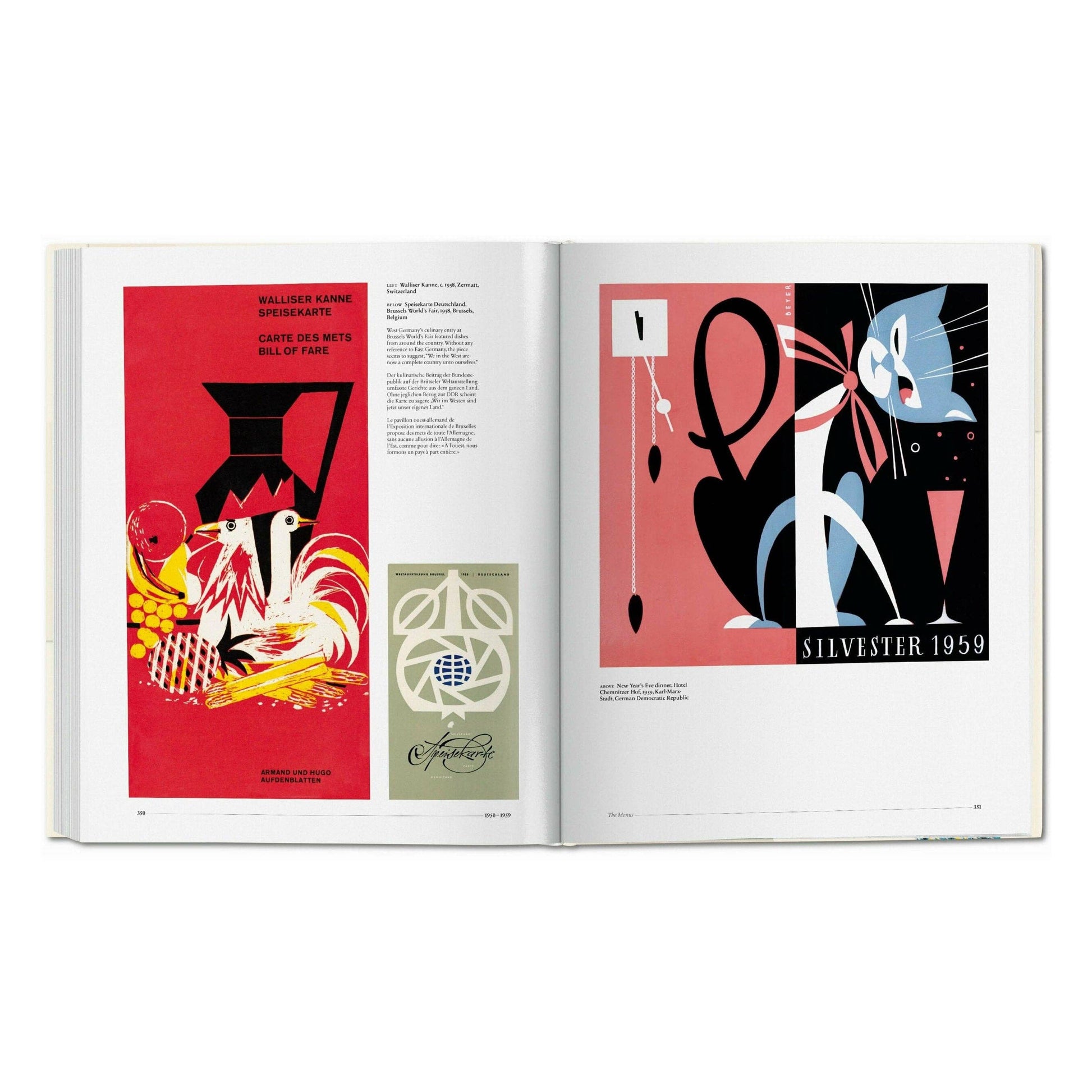 Open art book page spread with bold red and blue event poster artwork