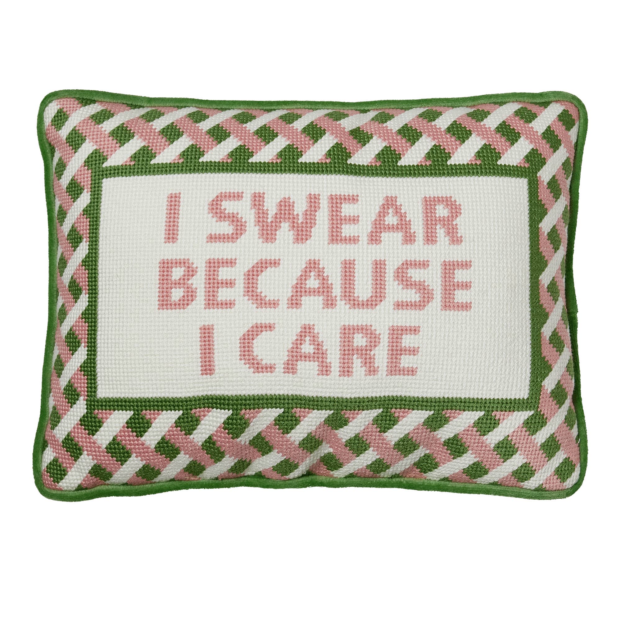 Embroidered throw pillow with 'I SWEAR BECAUSE I CARE' text and braided border