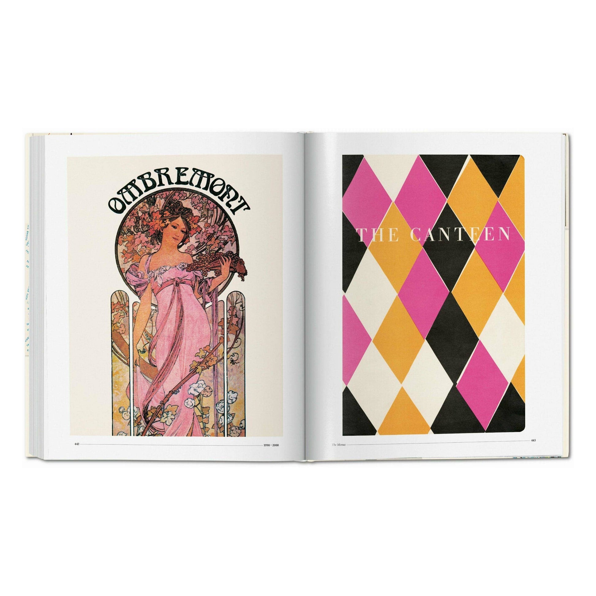 Open art book spread with vintage poster art and a diamond pattern cover design