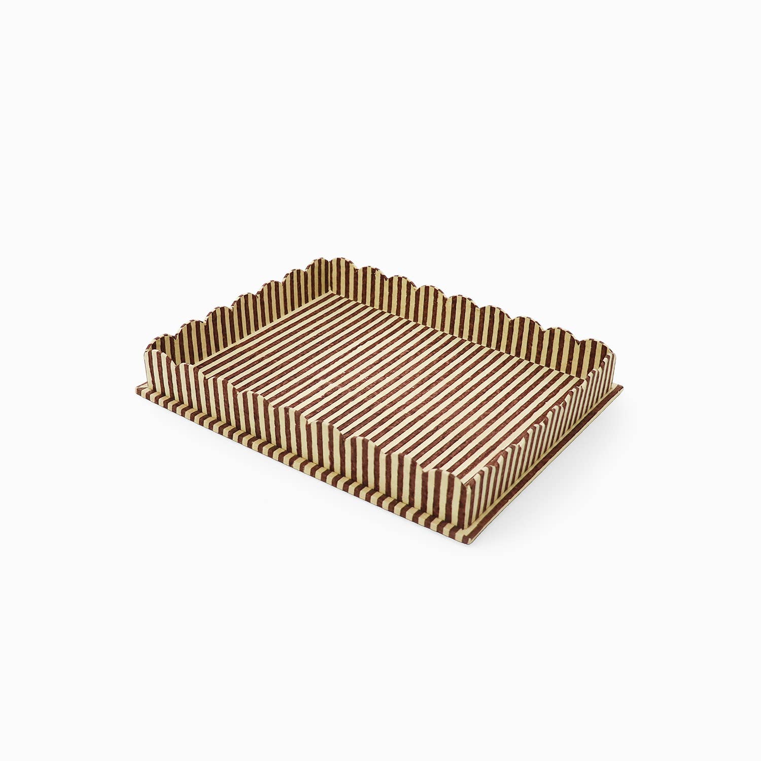 Large scalloped tray with brown and cream block-printed striped pattern, raised edges