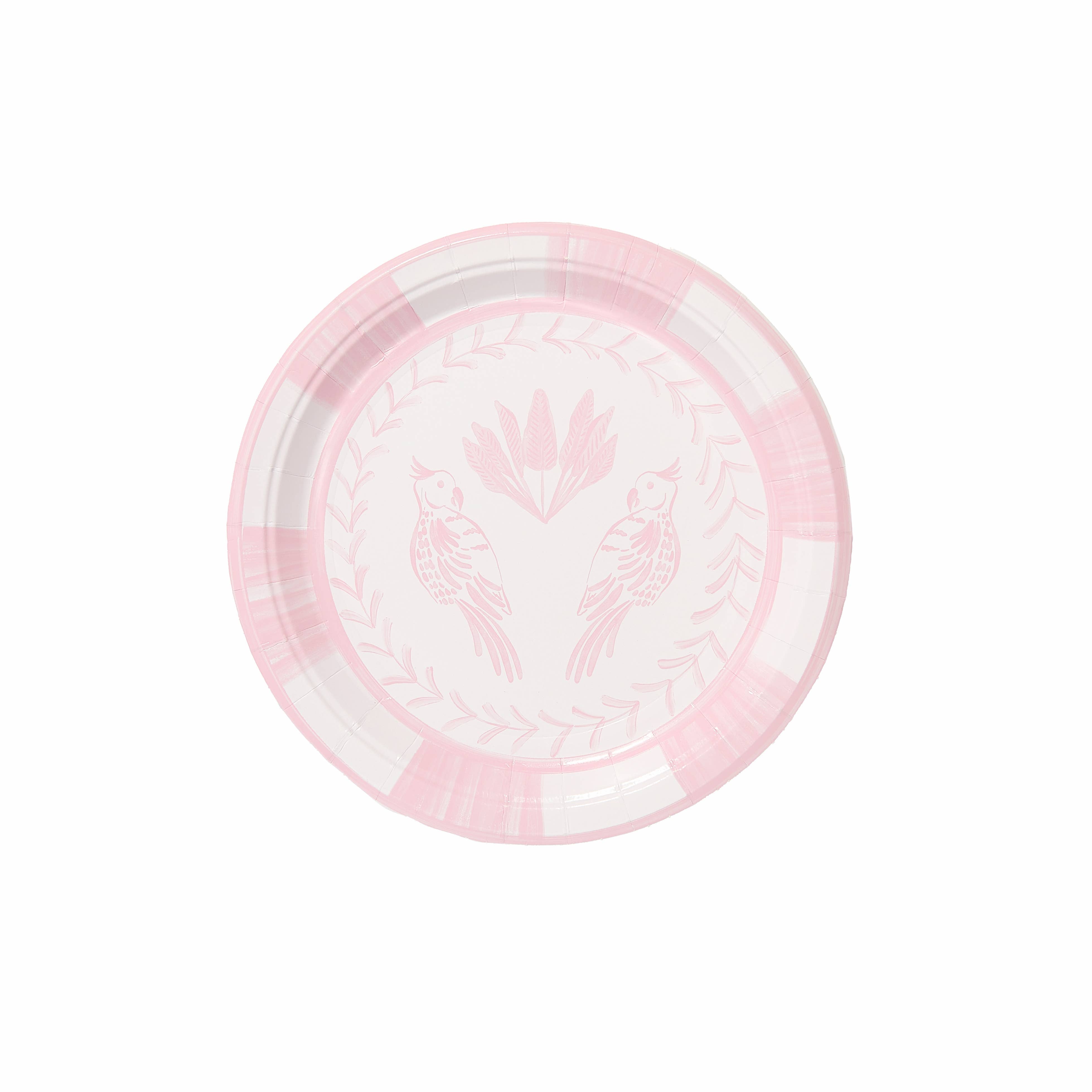 Lovebirds Josephine salad and dessert plate, light pink with bird-and-leaf design.
