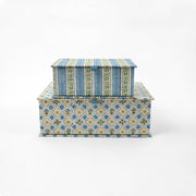 Block-printed keepsake box, blue and cream floral stripe lattice pattern