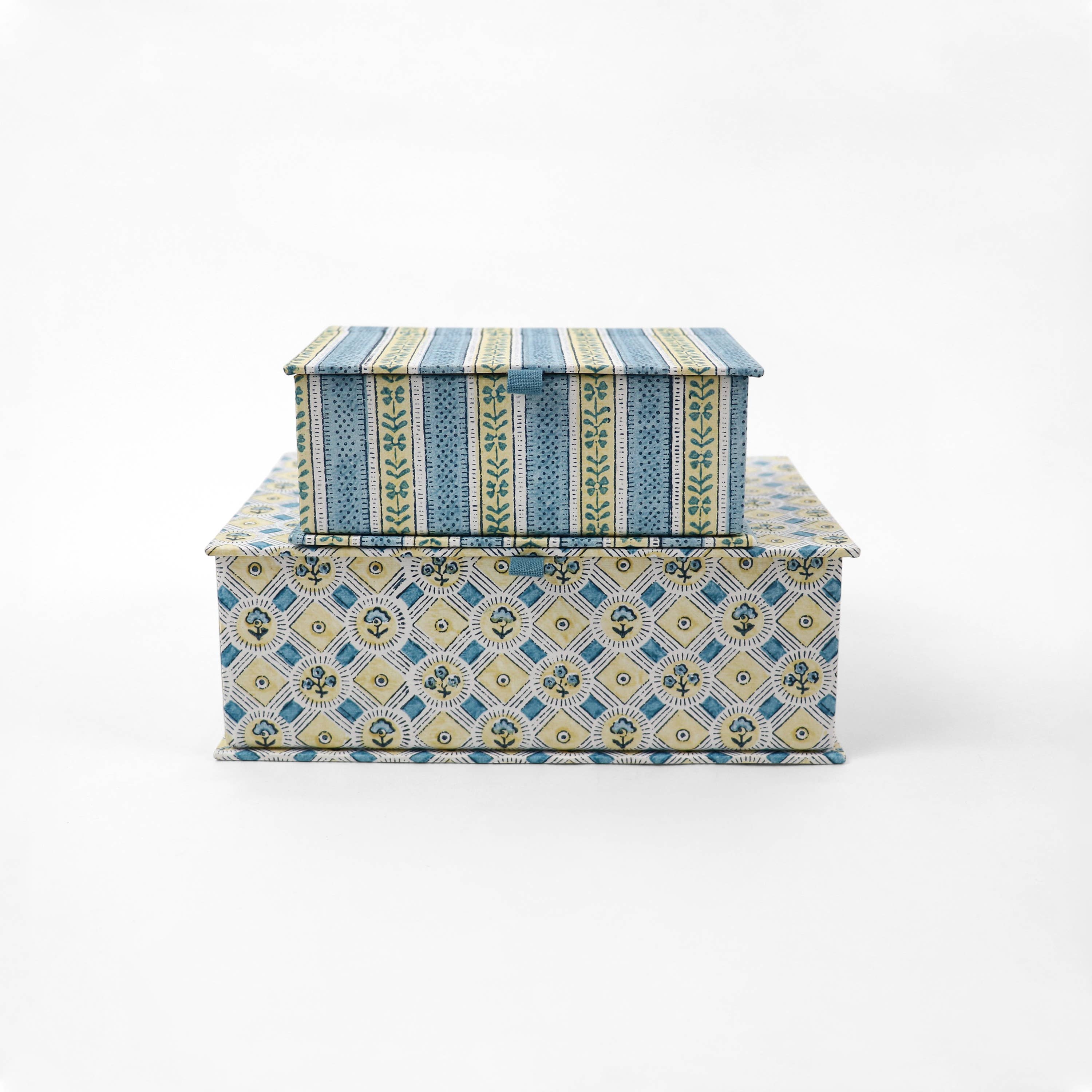 Block-printed keepsake box, blue and cream floral stripe lattice pattern