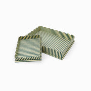 Large scalloped serving tray, striped green and white, angled view with raised end.