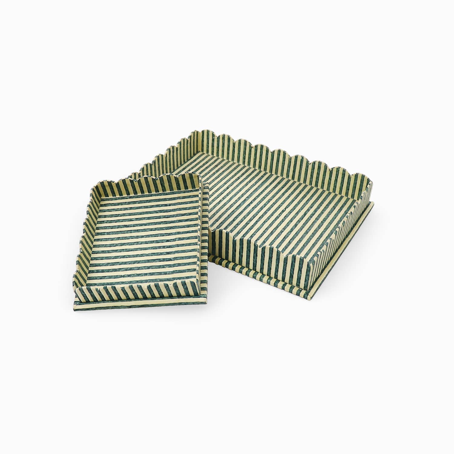 Large scalloped serving tray, striped green and white, angled view with raised end.