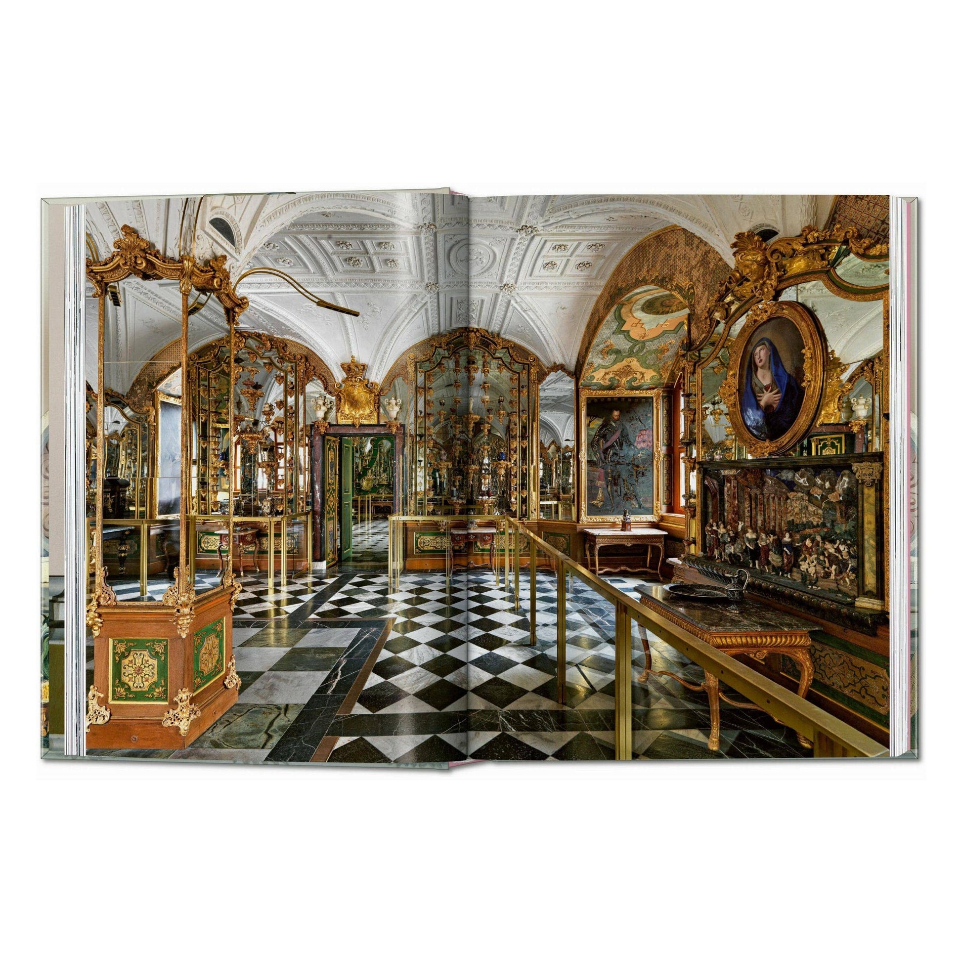 Cabinet of Curiosities book spread showing an ornate room with display cases and benches