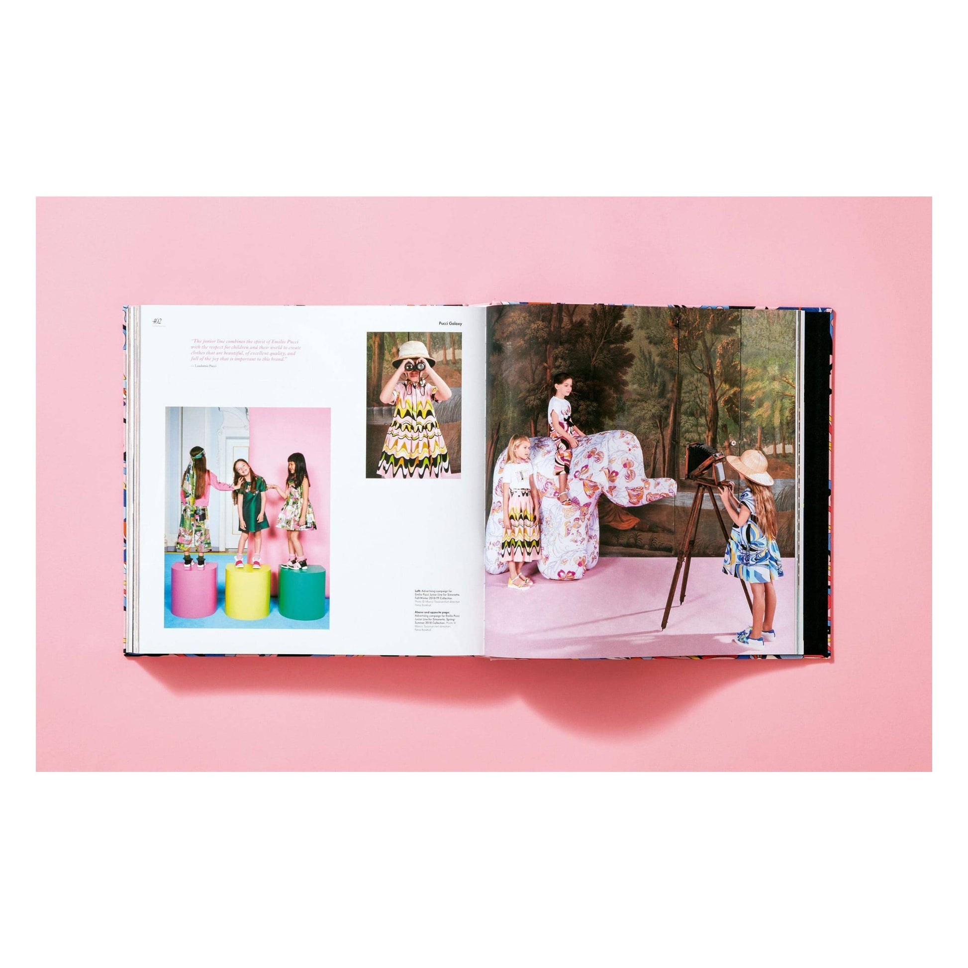 Pucci updated edition book, open spread with group photo of kids in patterned outfits