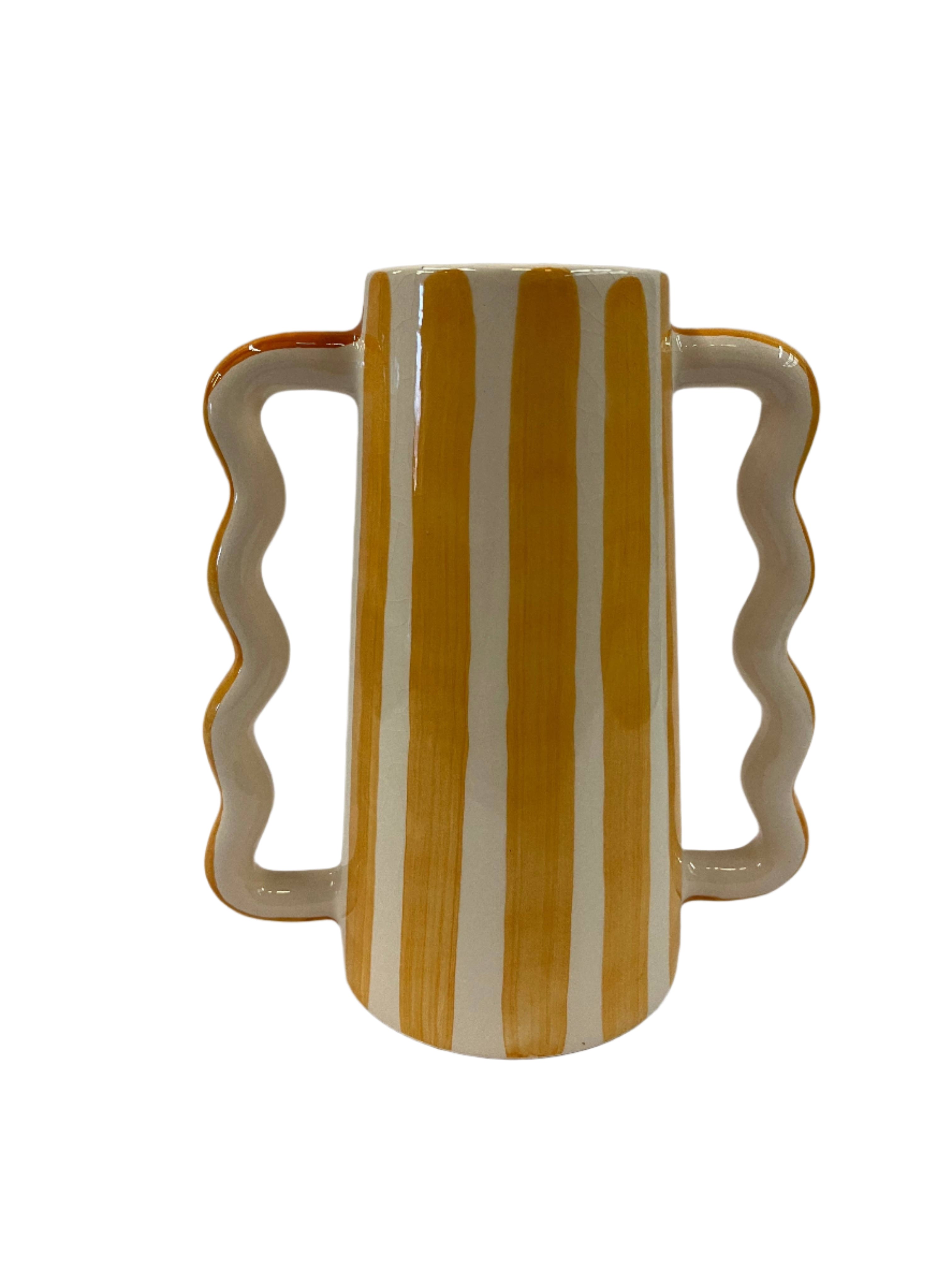 Small ceramic vase with wavy side handles and yellow vertical stripe pattern