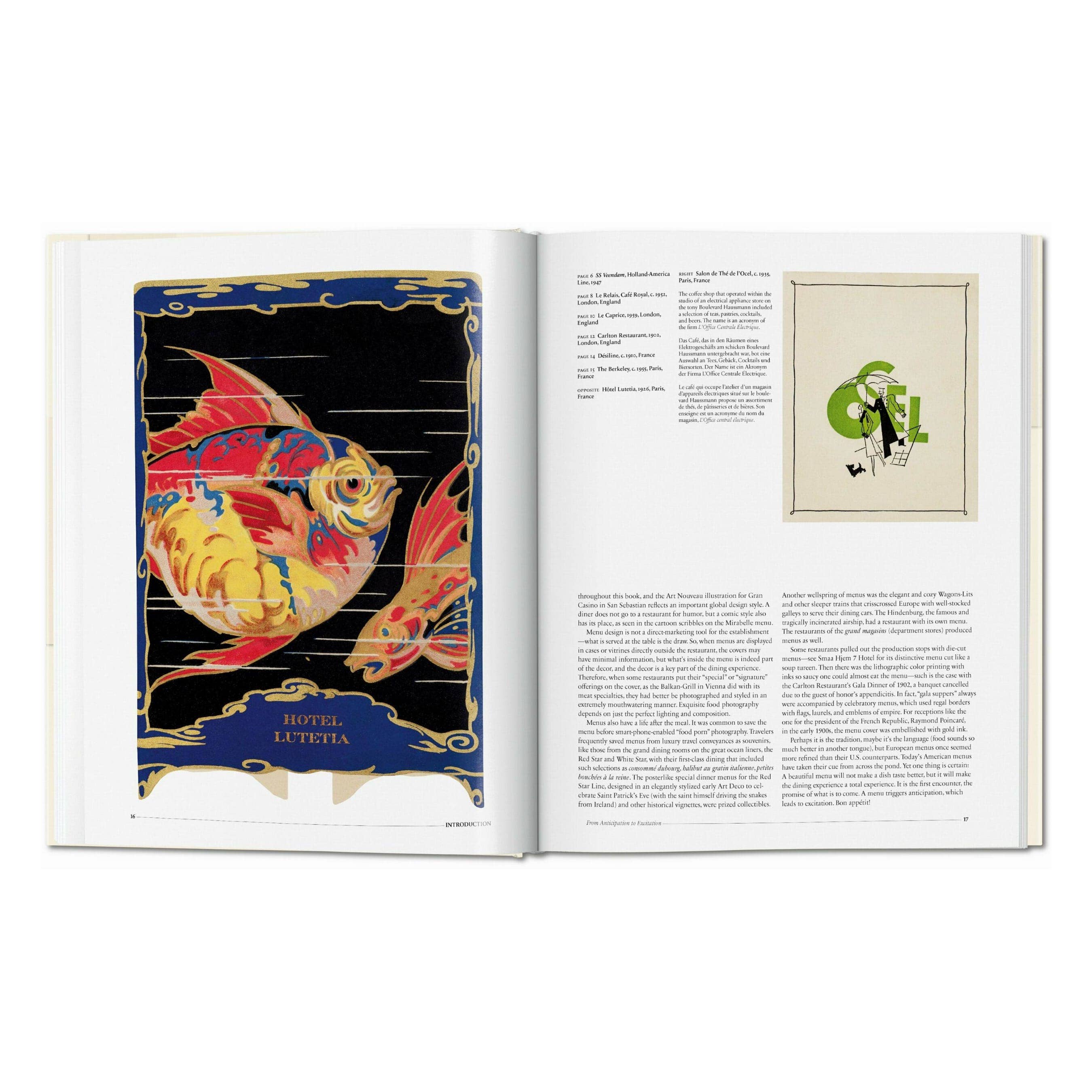 Open menu design book spread with illustrated fish poster and dense text page